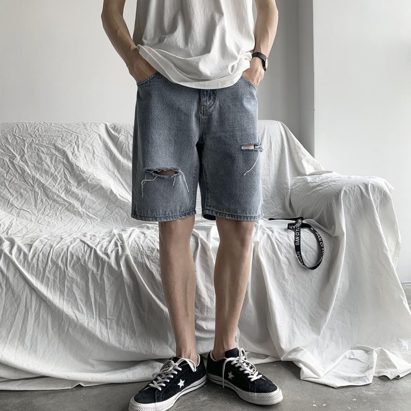 [F &amp; X] Quần Short Denim Dáng Rộng Rách Cá Tính Phong Cách Đường Phố Hàn Quốc Cho Nam