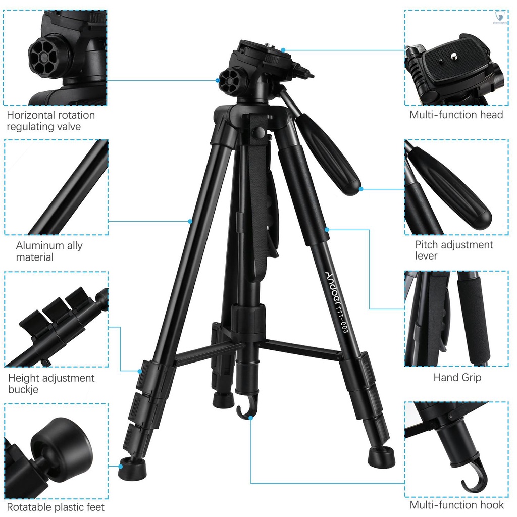 Gậy Ba Chân Andoer TTT-003 2 Trong 1 Bằng Hợp Kim Nhôm 163cm Max. Túi Đựng Điện Thoại Chịu Tải Trọng Tối Đa 5kg Kèm Kẹp Túi Đựng Điện Thoại Thông Minh DSLR Ca