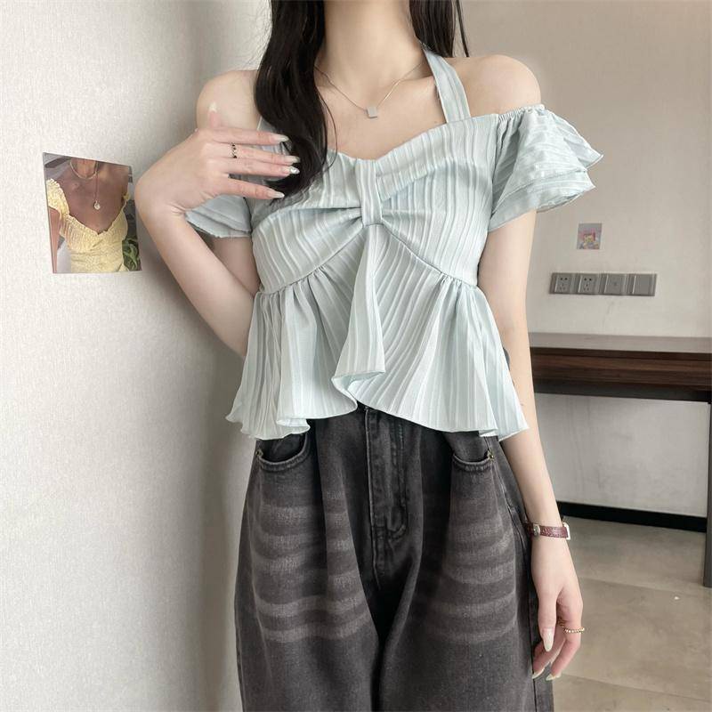 Áo Kiểu Tay Ngắn Phối Bèo Thời Trang Mùa Hè Cho Nữ