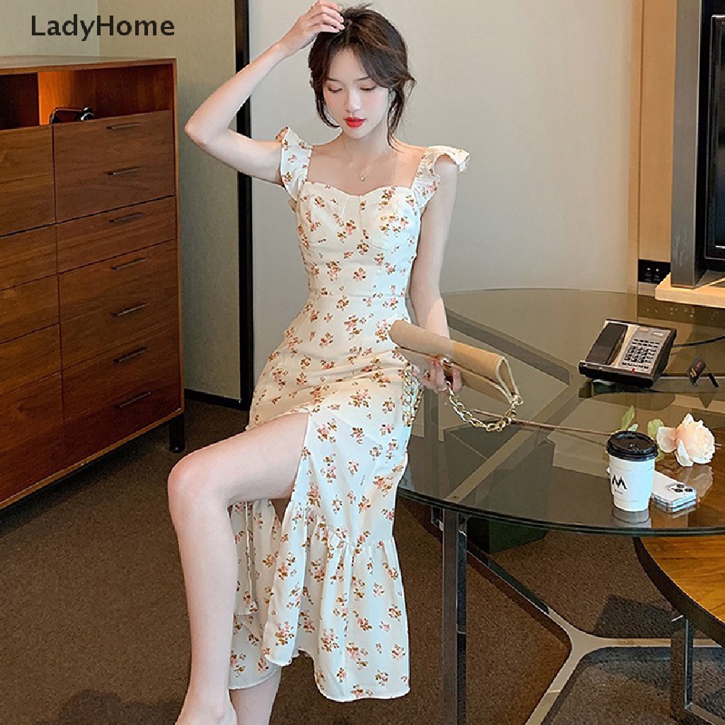 Đầm Midi Sát Nách Phối Bèo Họa Tiết Hoa Phong Cách Cổ Điển Ngọt Ngào Thời Trang Mùa Hè Cho Nữ