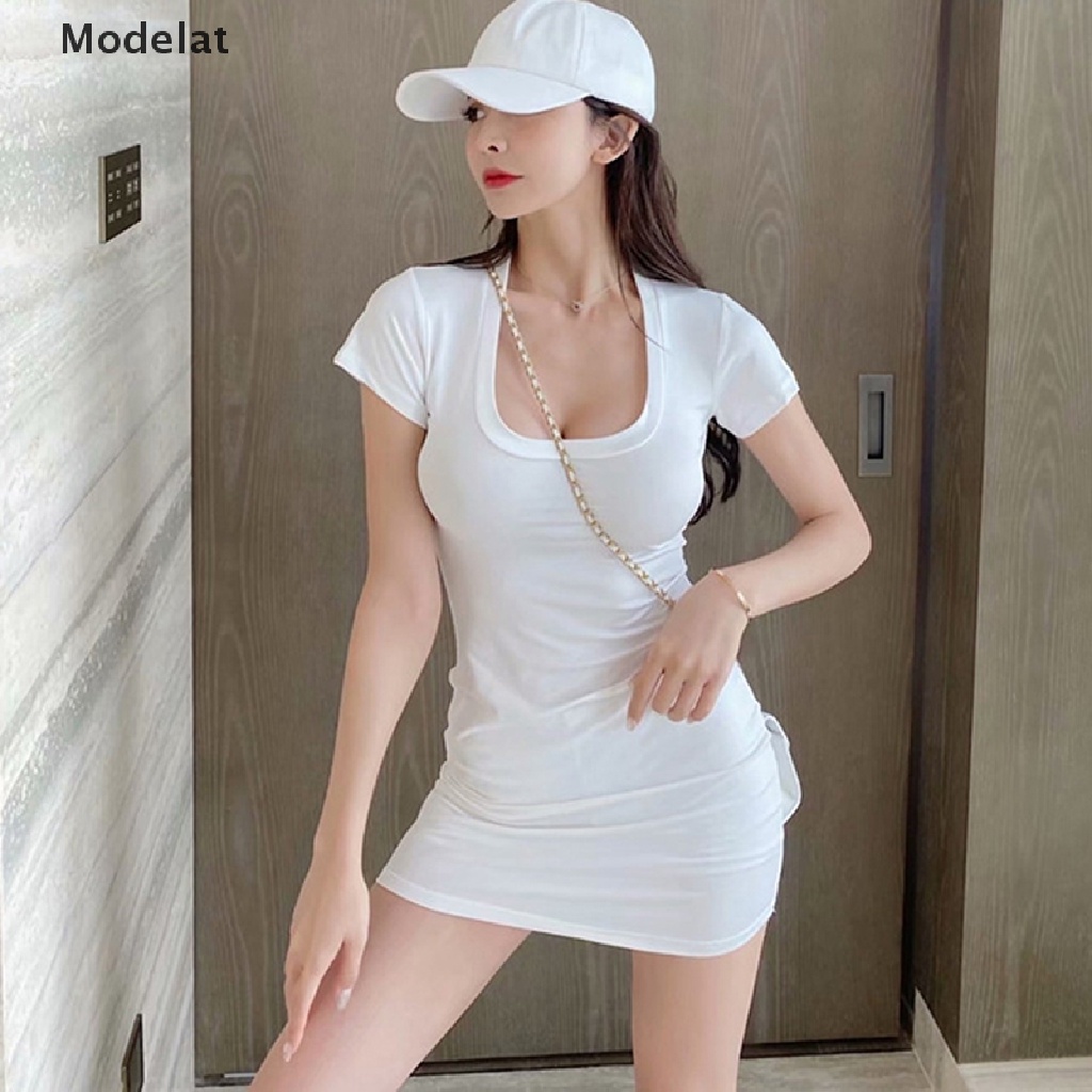 Đầm Thun Ngắn Tay Cổ Chữ U Ôm Dáng Phong Cách Hàn Quốc Gợi Cảm Cho Nữ