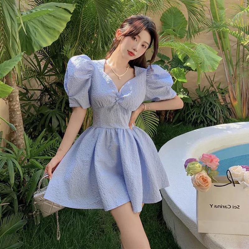 IELGY   Đầm Tay Phồng Cổ Chữ v Nhấn Eo Phong Cách Pháp Cổ Điển Thời Trang Cho Nữ