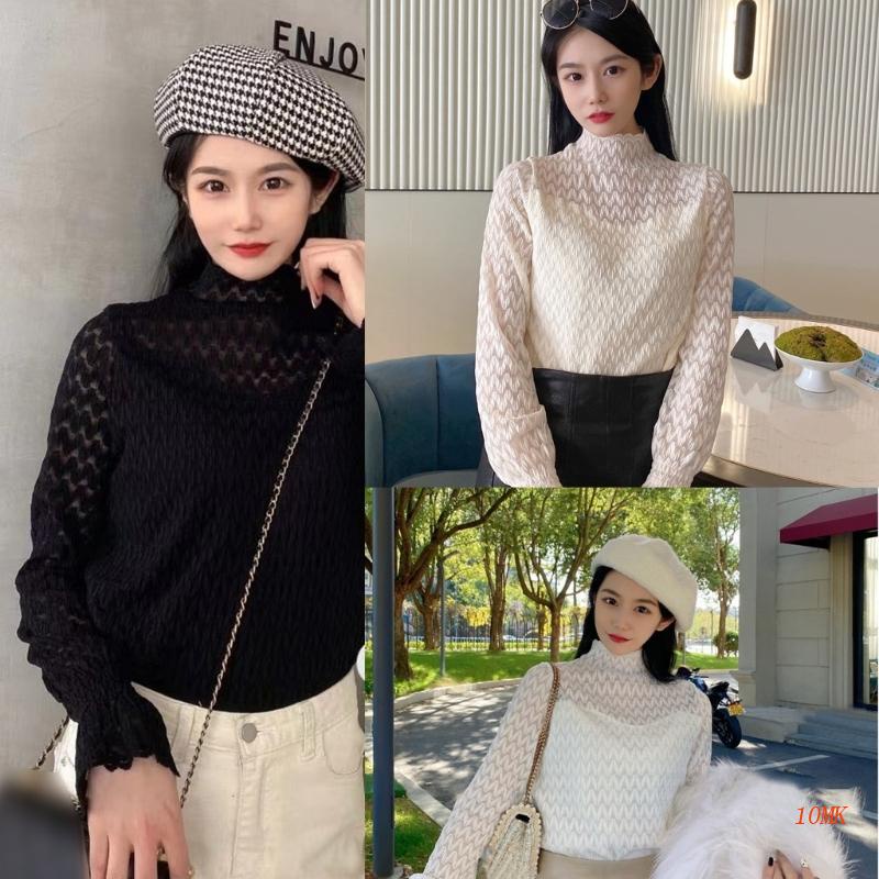 Áo Thun Tay Dài Cổ Cao Phối Ren Lưới Xuyên Thấu Quyến Rũ Cho Nữ