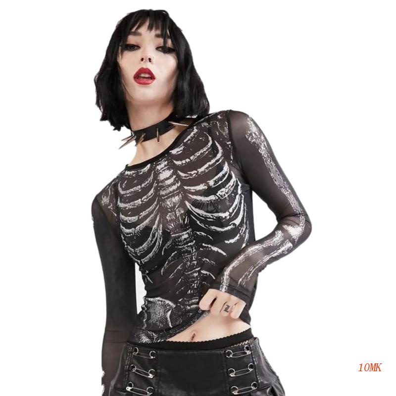 Xiangbao Áo Crop Top Lưới Tay Dài In Hình Bộ Xương Phong Cách Gothic Dành Cho Nữ