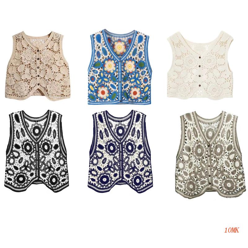 Áo Cardigan Dệt Kim Cổ Chữ V Không Tay Họa Tiết Hoa Phong Cách Pháp Cho Nữ