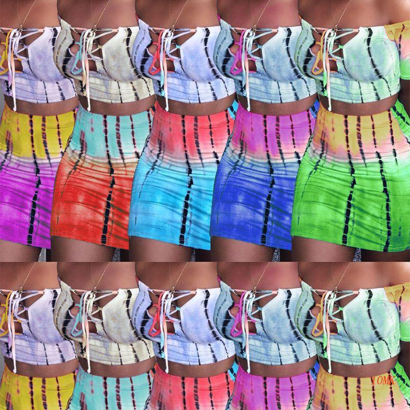 Xiangbao Bộ Trang Phục 2 Mảnh Hở Vai Phối Ren Họa Tiết Màu Nhuộm Gợi Cảm Mùa Hè Cho Nữ