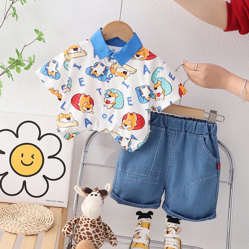 Set áo sơ mi bé trai kèm quần đùi jean MINTSCLOSET Mint's Closet áo đi biển họa tiết cho bé trai 1 2 3 4 5 tuổi - TN3183