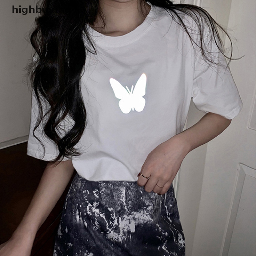 Áo Thun Croptop Ngắn Tay Cổ Tròn In Hình Bướm Phản Quang Thời Trang Mùa Hè Cho Nữ