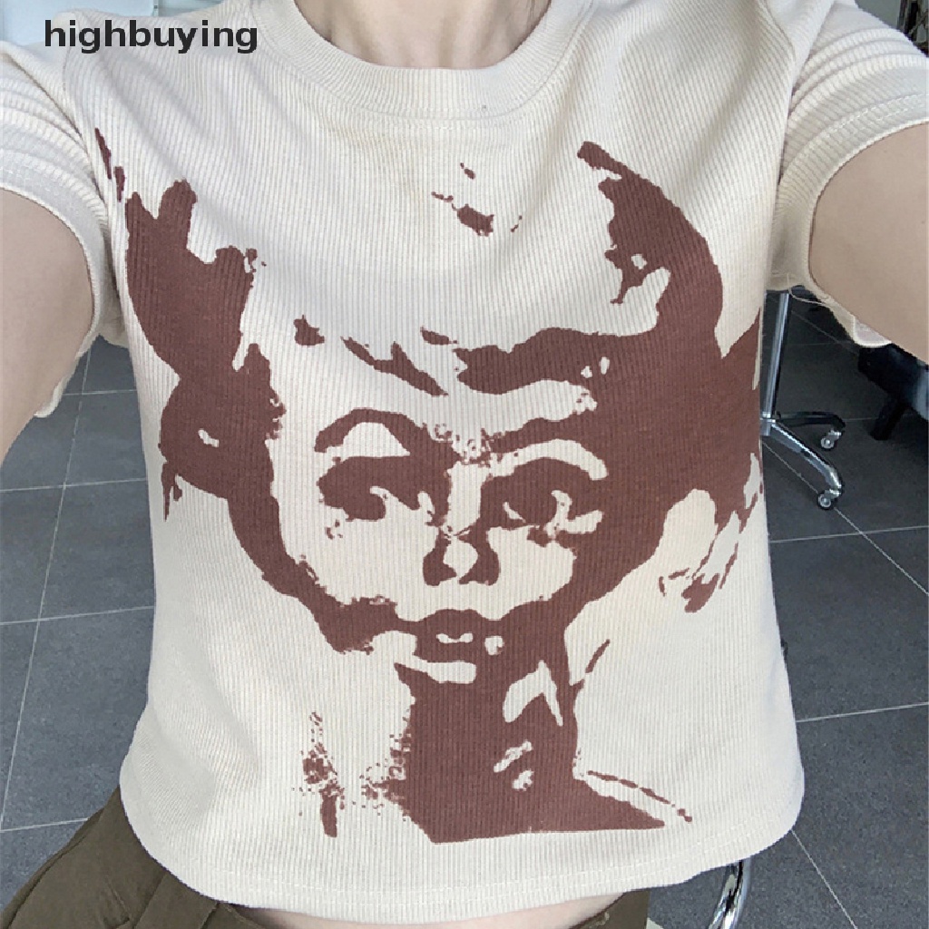 Áo Thun Lửng Ngắn Tay Cổ Tròn In Họa Tiết Phong Cách Retro Mỹ