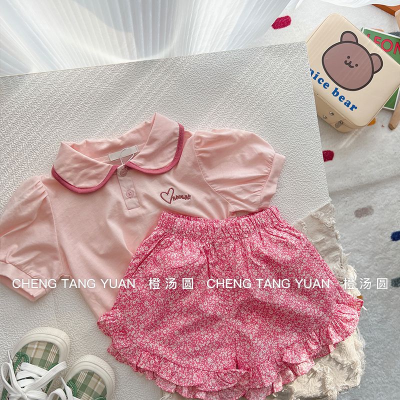 Bộ Áo Thun Tay Ngắn Cổ Búp Bê + Quần Short In Hoa Thời Trang Mùa Hè Xinh Xắn Cho Bé Gái