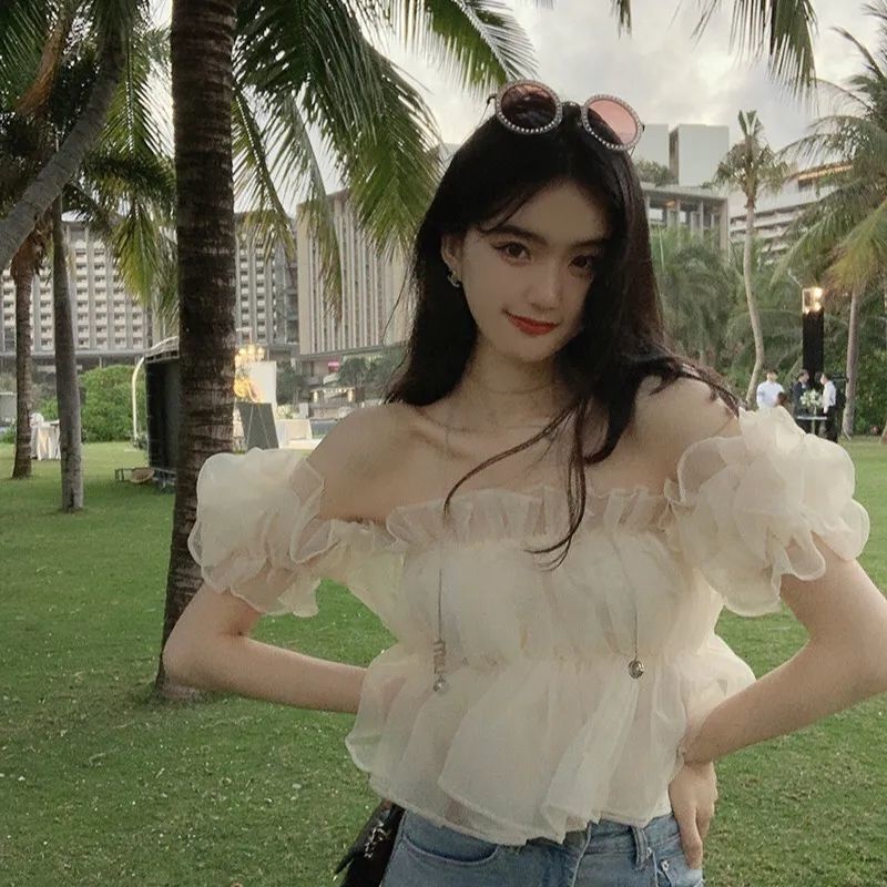 Jiashucheng Áo Kiểu Trễ Vai Tay Phồng Ngắn Dễ Phối Đồ Thời Trang Kiểu Pháp Cho Nữ