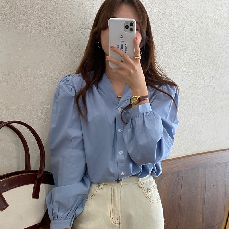 SUXI Áo Sơ Mi Tay Dài Cổ Chữ V Màu Sắc Đơn Giản Phong Cách Hàn Quốc