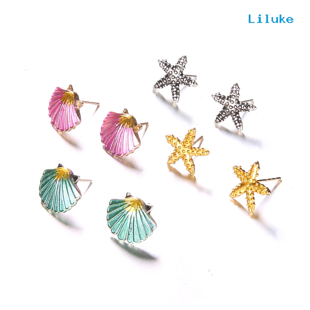 Bộ 4 Đôi Khuyên Tai Hình Vỏ Sò / Sao Biển Phong Cách Boho Thời Trang Cho Nữ