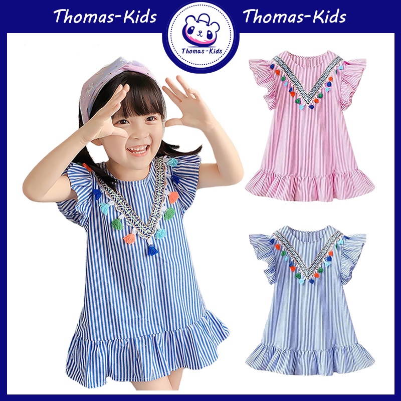 [THOMAS KIDS] 2-7 Tuổi Đầm Công Chúa Tay Ngắn Họa Tiết Sọc &amp; Hoa Cho Bé Gái Từ
