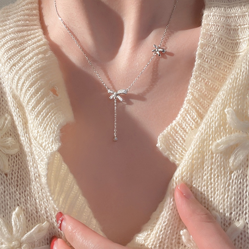 Vòng cổ Mạ Bạc 925 Mặt Nơ Tua Rua Thời Trang