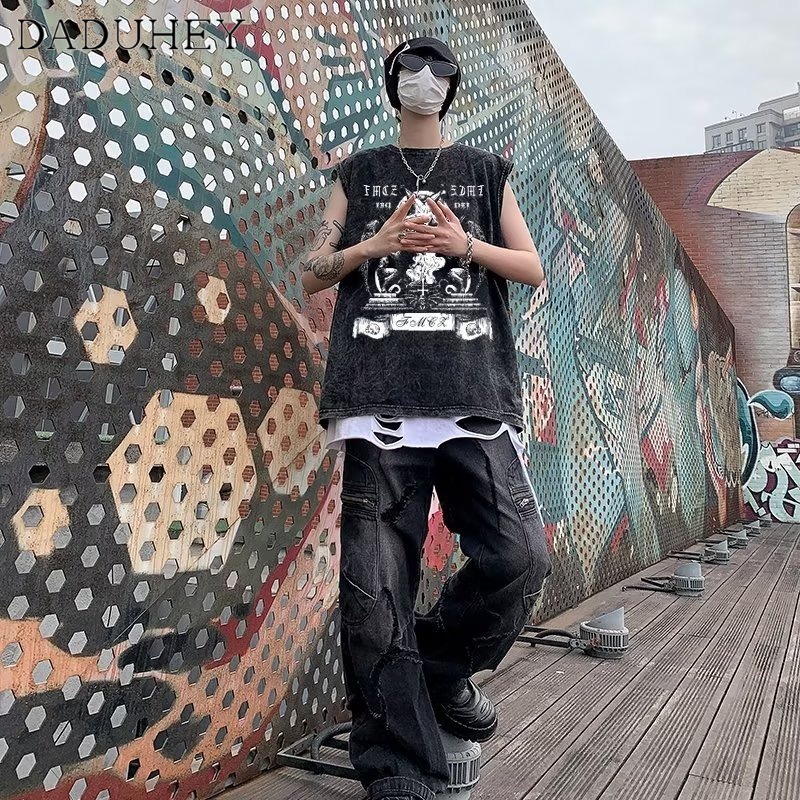 DaDuHey Men's 2023 New Hong Kong Style Retro Trendy Sleeveless T-shirt Summer Print Popular Simplicity Wild Dark Wind Vest