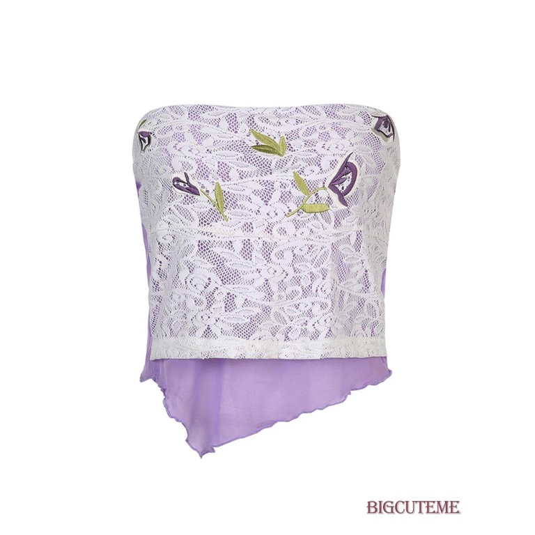 [] Áo Ống Y2K Ren Hoa Gợn Sóng Màu Trắng Cổ Điển