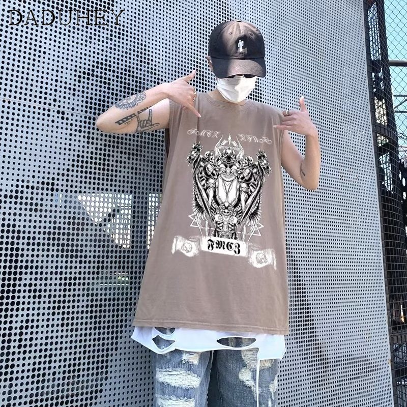 DaDuHey Men's 2023 New Summer Trendy Sleeveless T-shirt Hong Kong Style Retro Dark Style Fashion All-Match Vest