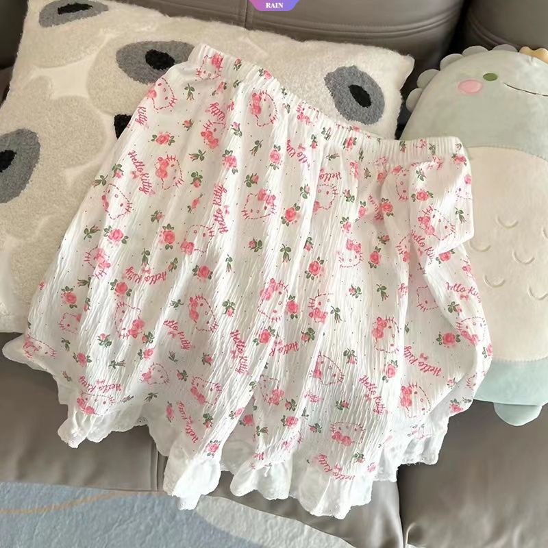 Bộ Đồ Ngủ Ngắn Tay Cổ Búp Bê Mỏng Nhẹ In Hoạt Hình Sanrio Stamen Hello Kitty Phong Cách Nhật Bản Ngọt Ngào Cho Nữ