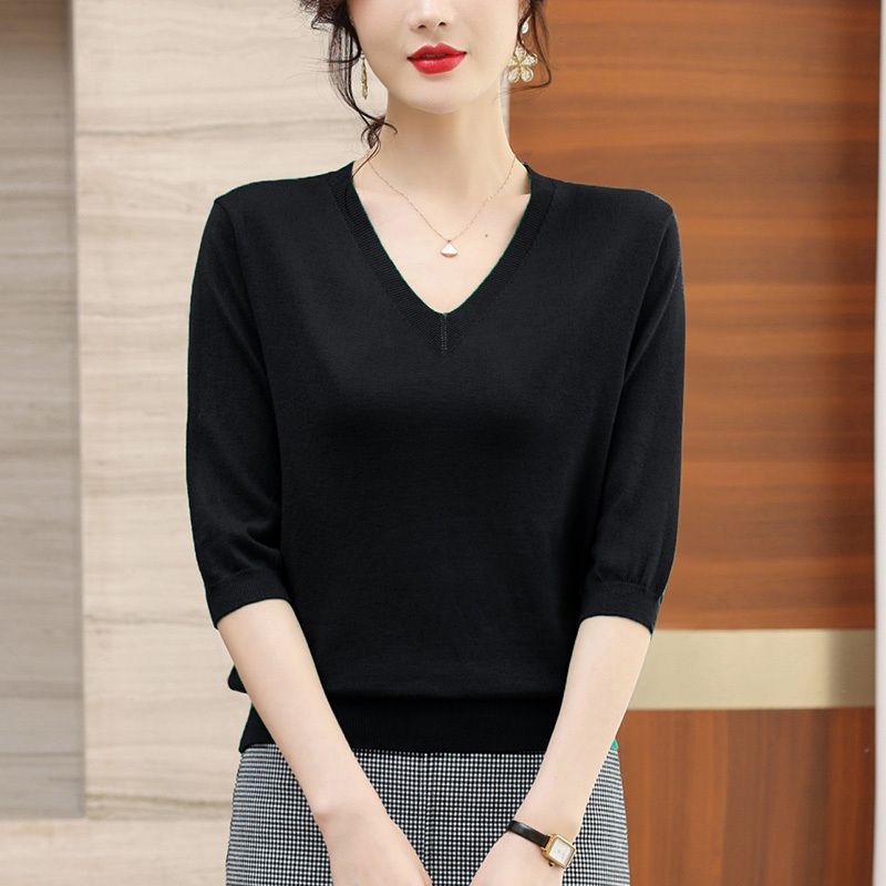 Áo dệt kim tay lỡ cổ chữ v thời trang mùa hè cho nữ có size lớn