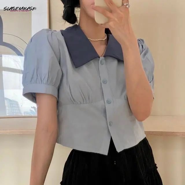 SUGEMIUSI Áo Sơ Mi Ngắn Hở Rốn Tay Phồng Phong Cách Pháp Thời Trang Mùa Hè Ngọt Ngào Cho Nữ