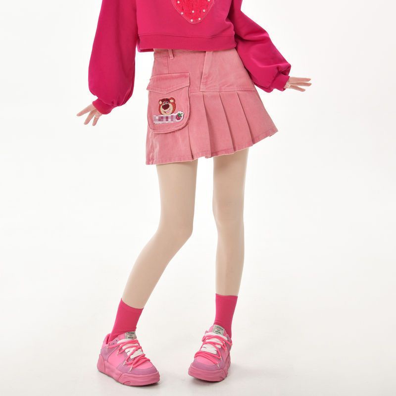 Jiashucheng Chân Váy Denim Ngắn Cỡ Lớn Hình Gấu Hồng Dâu Tây Phong Cách Mới Mùa Hè Cho Nữ