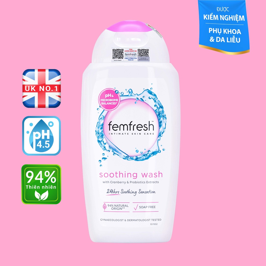Dung dịch vệ sinh phụ nữ dịu nhẹ Femfresh Soothing Wash bổ sung lợi khuẩn 250ml Maxwell68 nội địa Anh