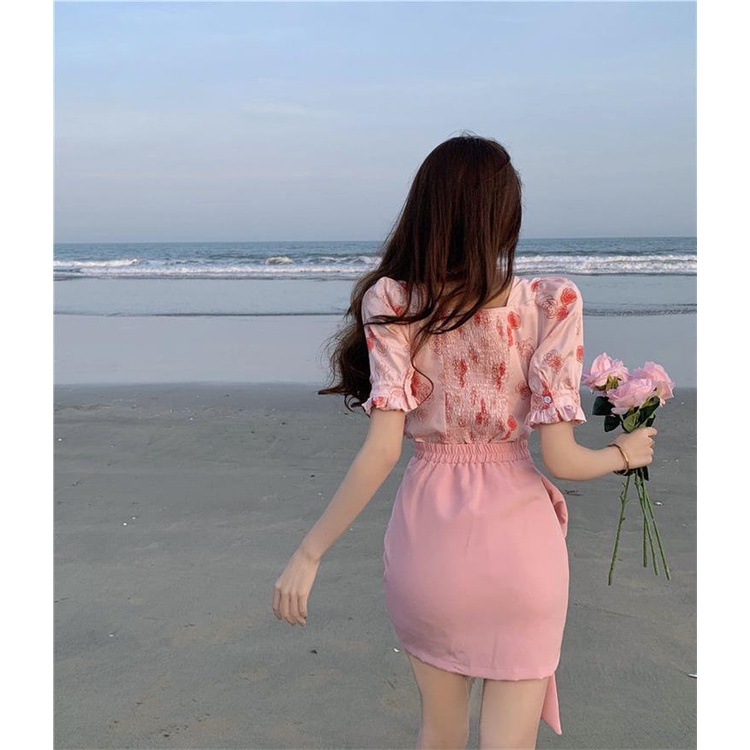 Váy Hồng Eo Cao Tay Phồng Đính Nơ In Họa Tiết Mới Cho Nữ