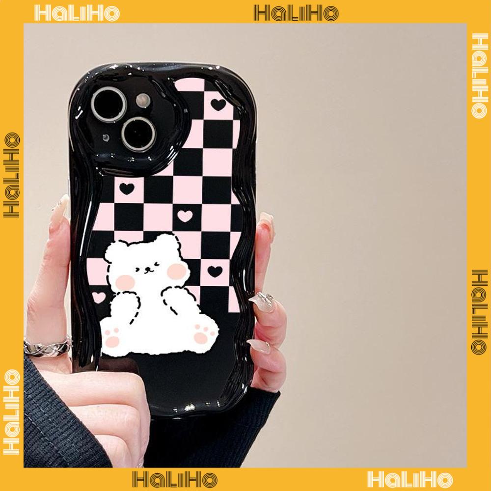 Case for iPhone 11 Pro Max TPU Soft Glossy Curved Wave Case Cute Checkerboard Cartoon Bear Camera Protection Shockproof For iPhone 14 13 12 11 Plus Pro Max 7 Plus X XR