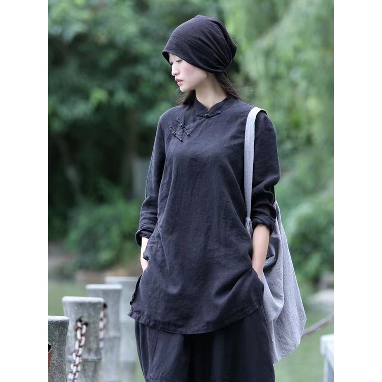 Bộ Đồ Sườn Xám Cách Tân Vải Cotton Lanh Cài Khóa Phong Cách Trung Hoa Thời Trang Xuân Hè 2023 Mới