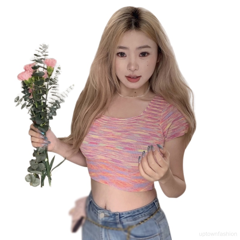 Áo Thun Dệt Kim Ngắn Tay Cổ Vuông Họa Tiết Màu Nhuộm Thời Trang Cho Nữ