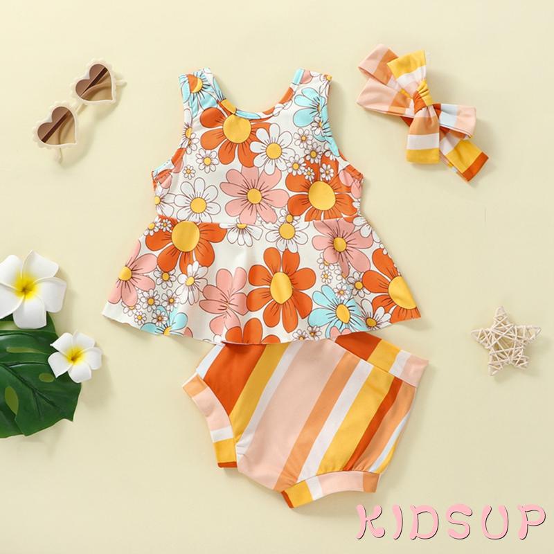 Set Đồ 1 Món Gồm Áo Không Tay In Hoa Cầu Vồng + Quần Ngắn + Băng Cài Đầu Cho Bé Gái