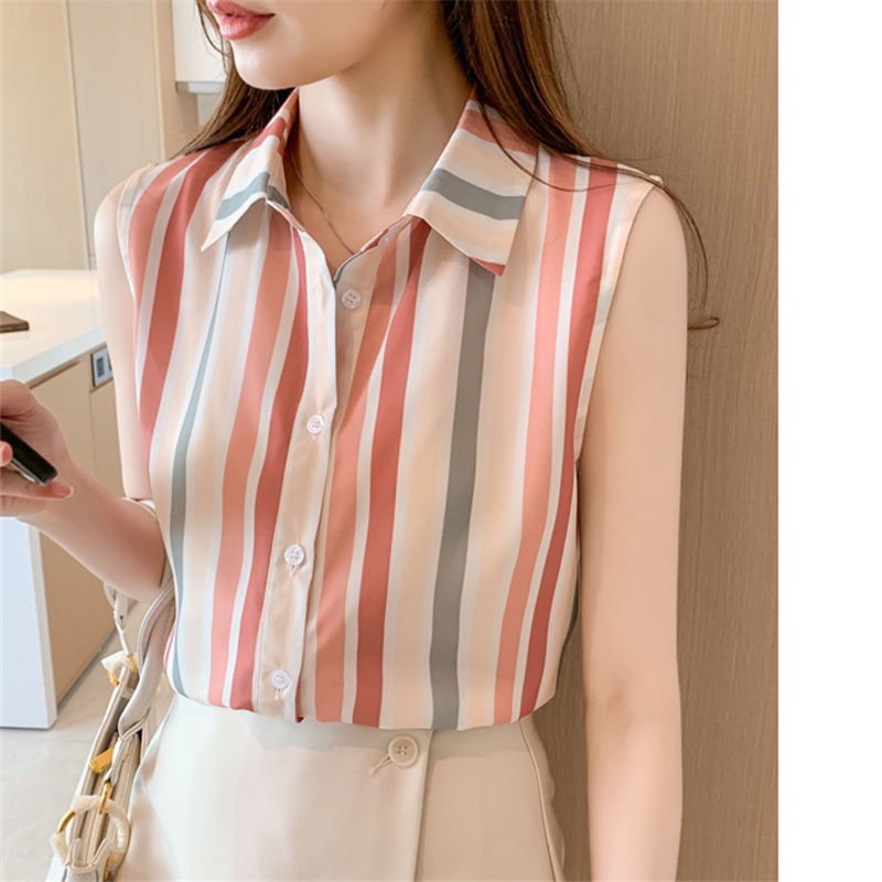 Áo Sơ Mi Chiffon Cổ Bẻ Dáng Rộng In Họa Tiết Kẻ Sọc Thời Trang Mùa Hè Hàn Quốc 2023 Cho Nữ