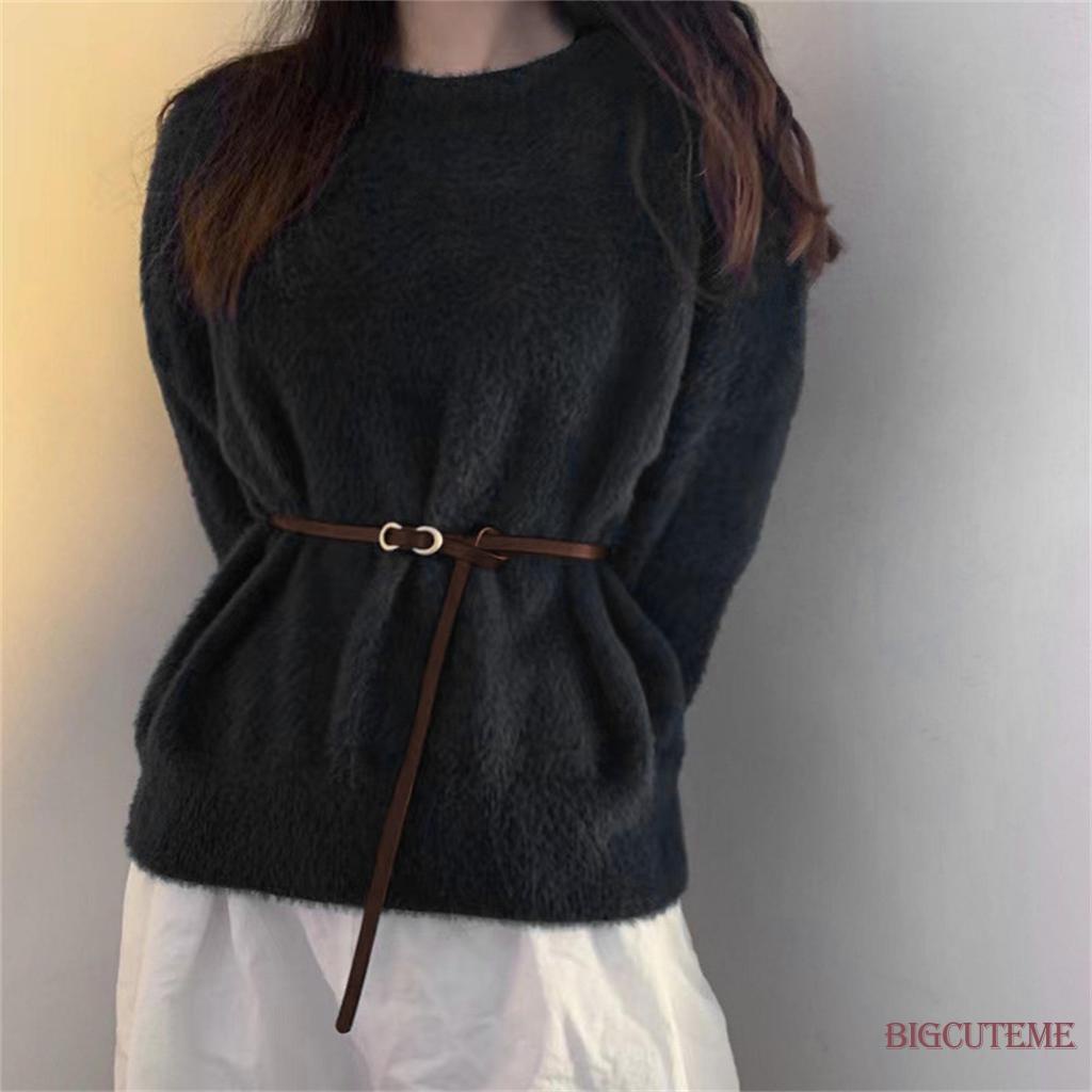 Thắt Lưng Giả Da Màu Trơn Khóa Vàng Thời Trang Cho Nữ