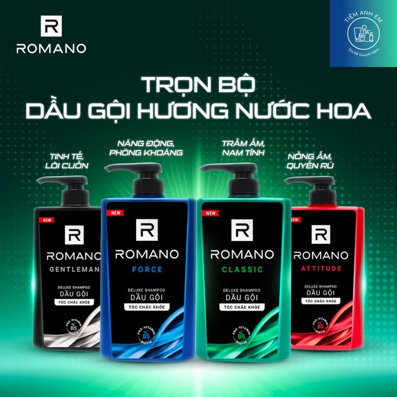Dầu gội Hương Nước Hoa Cho Nam Romano Classic, Attitude, Gentleman, Force chai lớn 650g