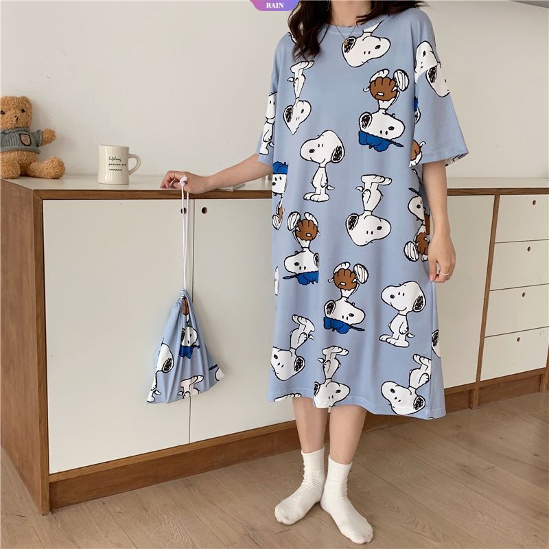 Đầm Ngủ Mỏng Mùa Hè Tay Cộc In Họa Tiết Hoạt Hình Snoopy Dễ Thương Có Thể Đáng Yêu Cho Nữ [RAIN]