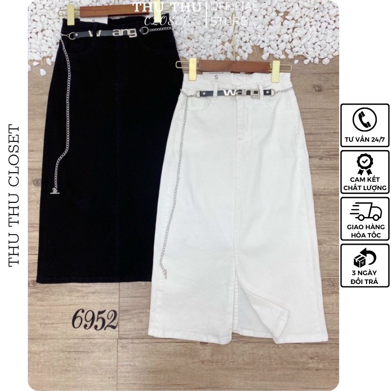 Chân váy bò dài xẻ trước 2 màu trắng, đen siêu đẹp. Size S M L