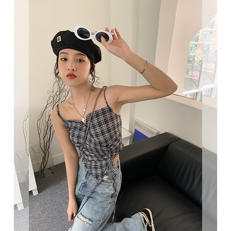 Jiashucheng Niche Áo Hai Dây Ngắn Kẻ Sọc Caro Ngọt Ngào Cho Nữ