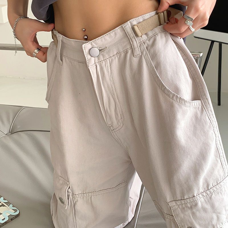 Jiashucheng Quần Dài Ống Rộng Phối Túi Lớn Phong Cách Đường Phố Mỹ Thời Trang Mùa Hè Cho Nam Và Nữ