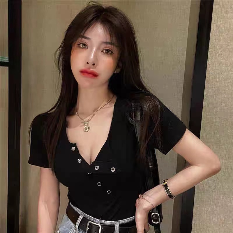 Áo Thun Nữ Ngắn Tay Cổ Chữ v Ôm Dáng Thời Trang
