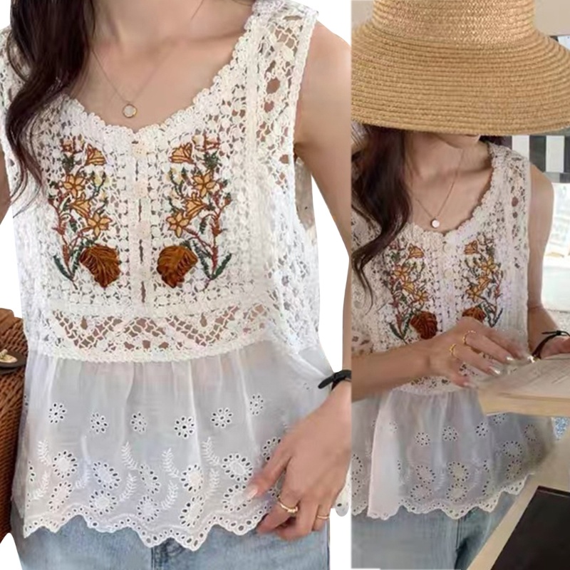 Áo Tank Top Cổ Tròn Viền Ren Thêu Hoa Xinh Xắn Thời Trang Đi Biển Cho Bạn Gái