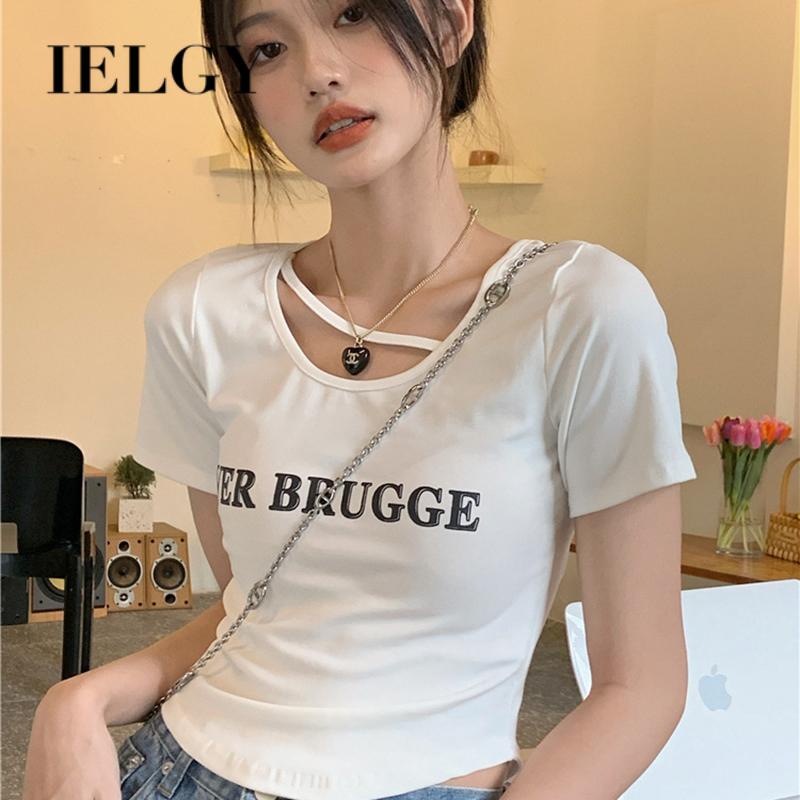 IELGY Áo Thun Ngắn Tay Ôm Dáng Thiết Kế Đơn Giản Và Không Đồng Đều Cho Nữ