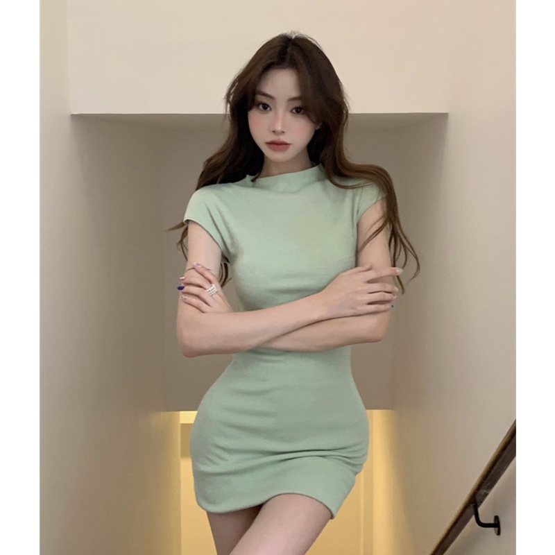 Đầm Tay Ngắn Cổ Cao Màu Sắc Thanh Lịch Dành Cho Nữ