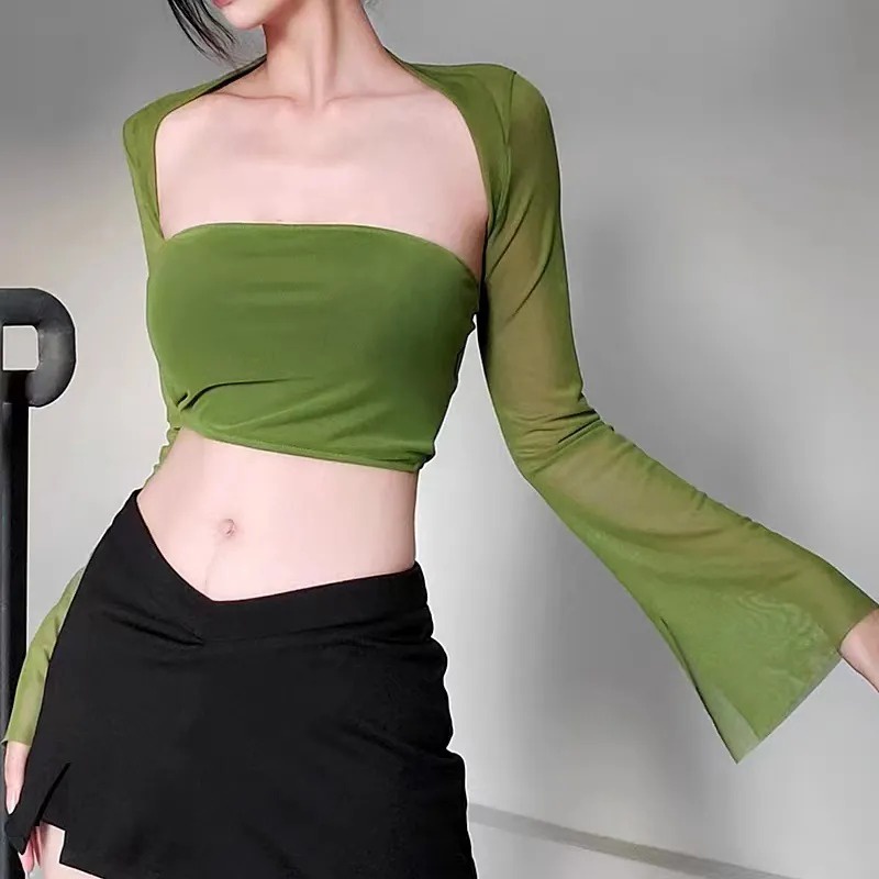Áo Thun Tay Dài Ống Loe Một Mảnh Ghép Vải Lưới Xuyên Thấu Gợi Cảm Mùa Hè Cho Nữ