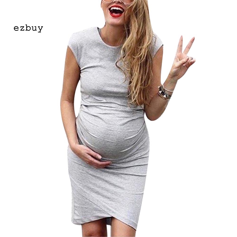 [EY] Đầm Bầu Mini Cổ Tròn Màu Trơn Vạt Chéo Cỡ Lớn