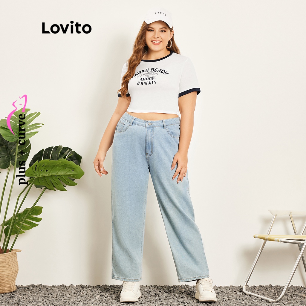 Áo thun Lovito plus size họa tiết chữ ghép nối màu sắc phong cách thường ngày cho nữ LPS06011 (màu trắng)