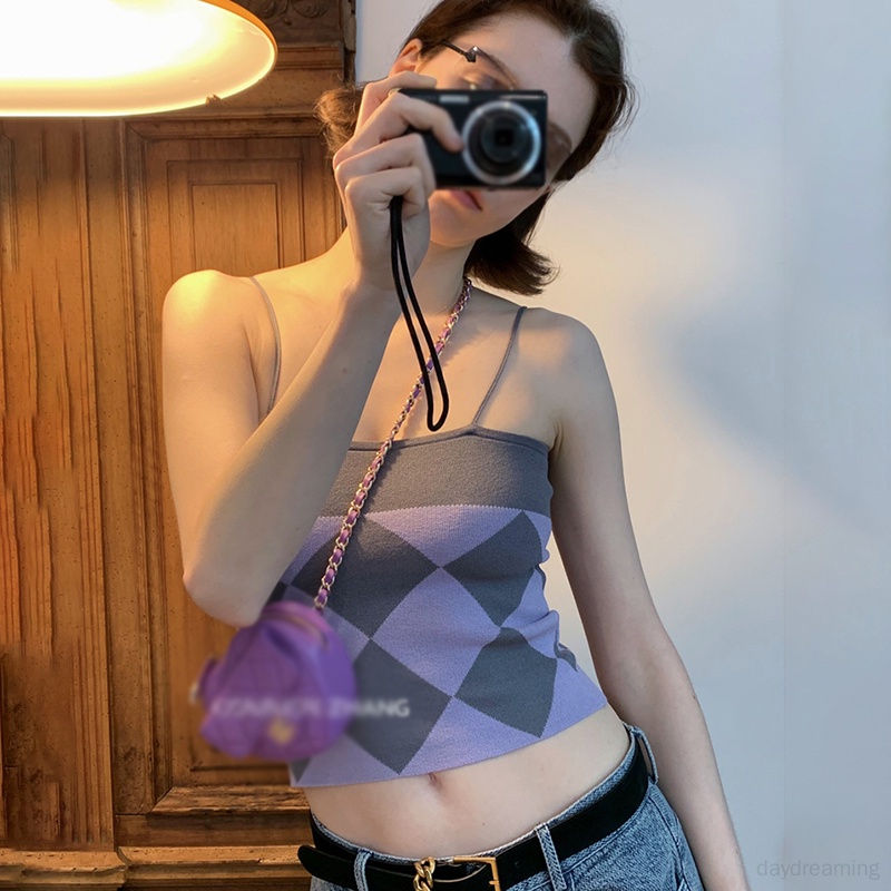 Áo Tank Top Dệt Kim Sát Nách Hoạ Tiết Hình Thoi Thời Trang Mùa Hè Cho Phái Nữ