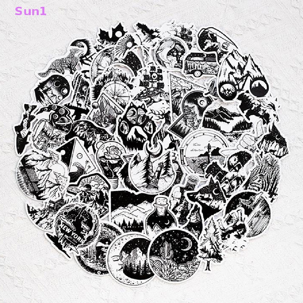 Set 50 Miếng Dán Màu Trắng Đen Trang Trí Xe Hơi / Laptop / Điện Thoại Phong Cách Gothic