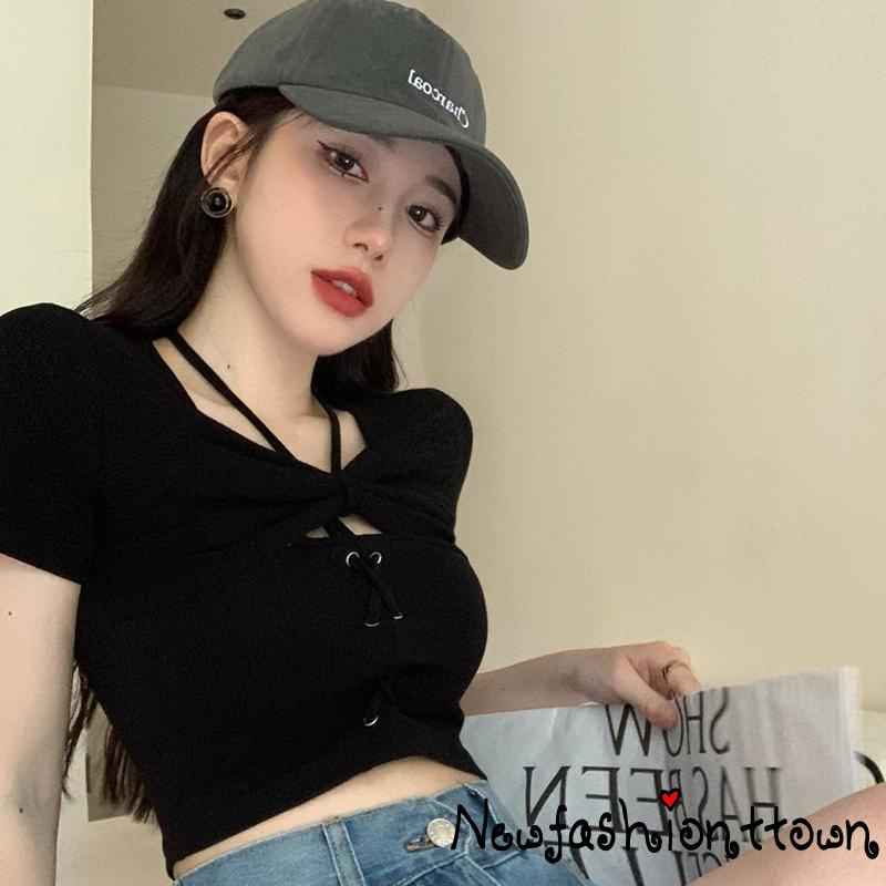 Áo Thun Lửng Ngắn Tay Thắt Nơ Eo Thời Trang Nữ Tính