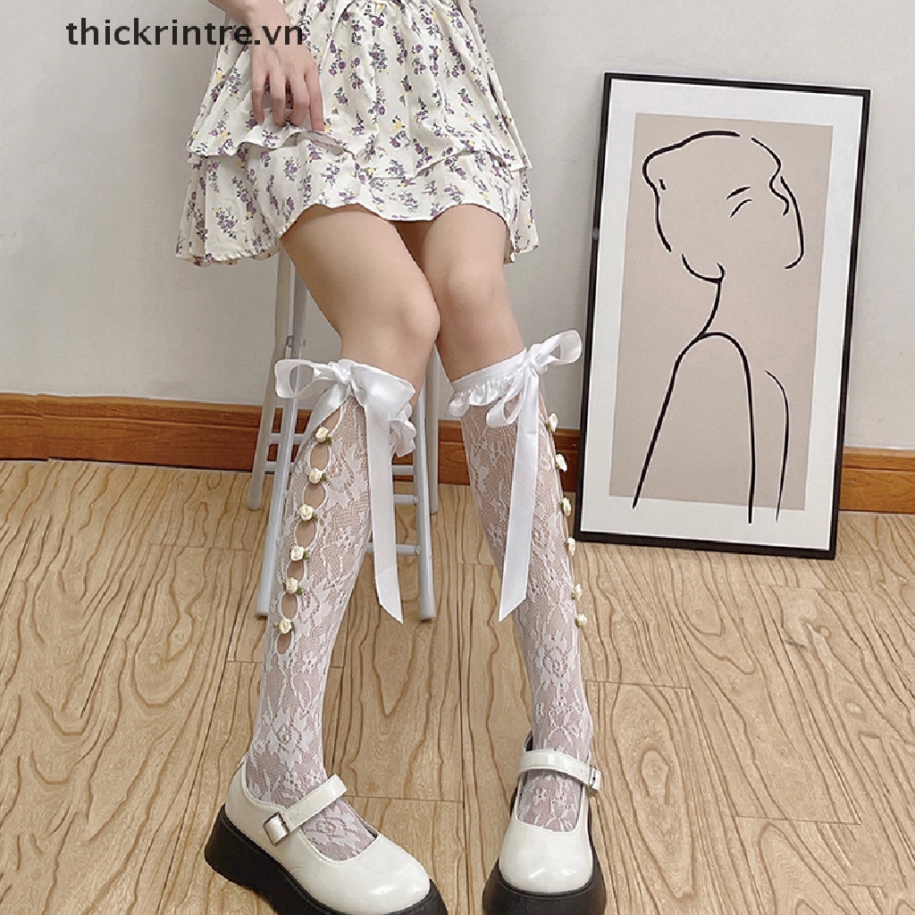 1 Đôi Tất Lưới Phối Ren Đính Nơ Phong Cách Lolita Thời Trang Xuân Hè Cho Nữ